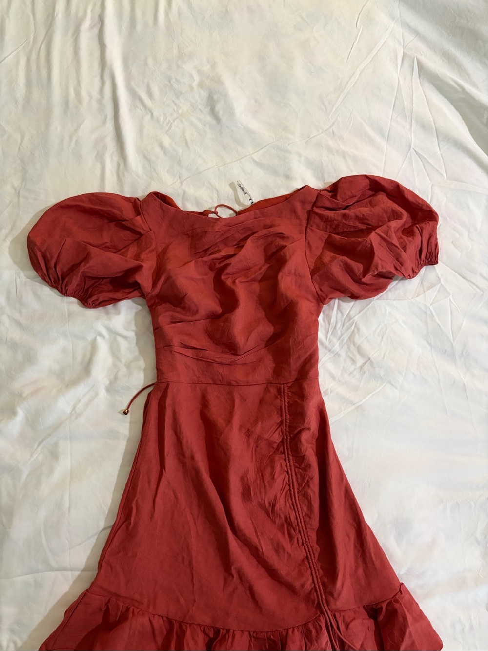 Puff-Sleeve Midi Dress in Rust Red - Women